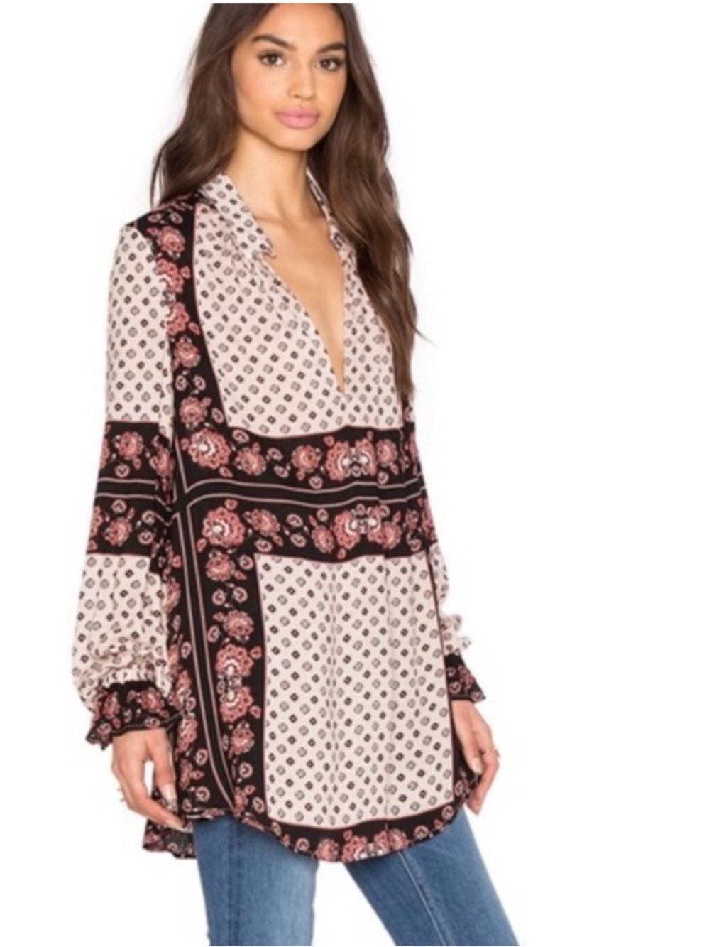 Free People “Changing Times” Boho Mixed Floral Print Ruffle Long Sleeve Tunic• S - Picture 7 of 15